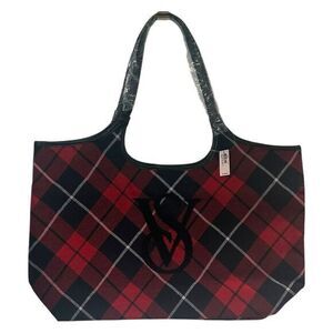 Victoria's Secret Plaid Tote Bag NWT Sherpa VS Logo, Weekender, red black tartan